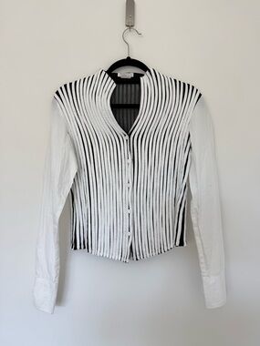 VINTAGE White and Black Striped Button-Front Women's Top with Mesh